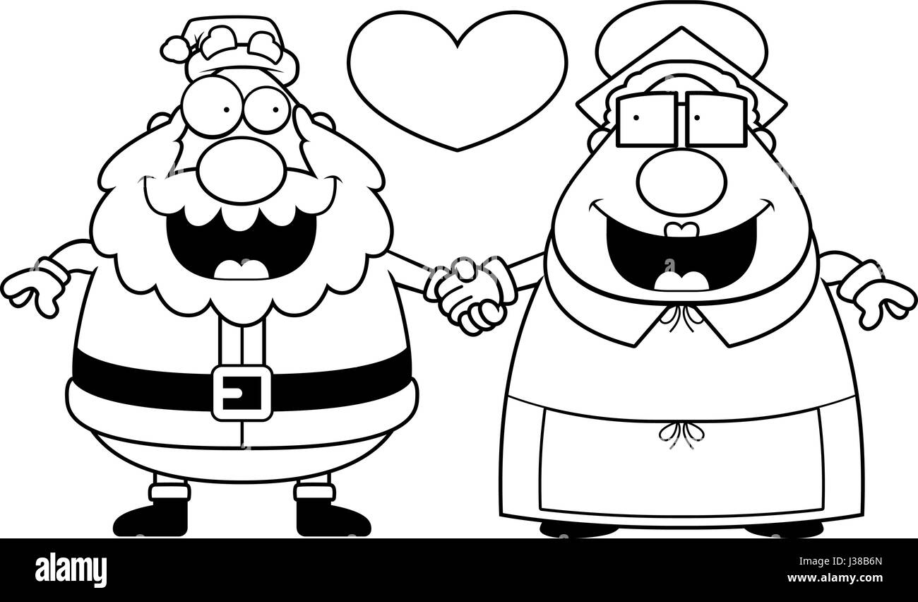 Illustration d'une caricature du Père Noël et Mère Noël tenant la main et dans l'amour. Illustration de Vecteur