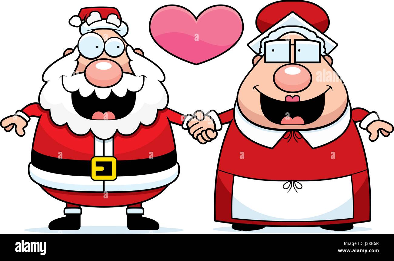 Illustration d'une caricature du Père Noël et Mère Noël tenant la main et dans l'amour. Illustration de Vecteur