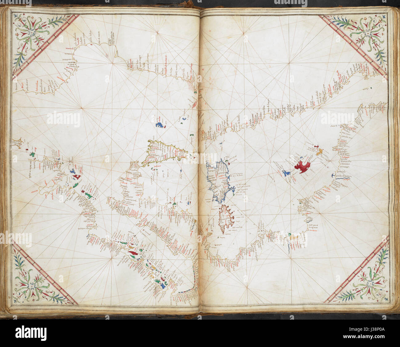 Une carte de l'Atlas de Cornaro montrant la mer Méditerranée à l'ouest de Cerigo, approchant le détroit de Gibraltar, de la cartographie du début du XVIe siècle. Banque D'Images