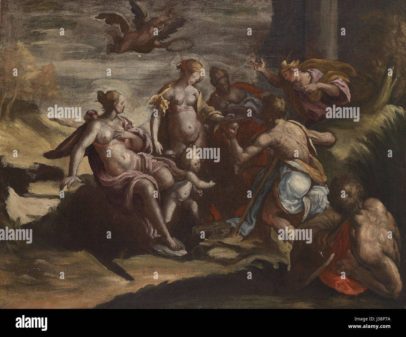 'DAS Urteil des Paris' est une représentation du jugement légendaire de Paris, datant d'environ 1700. Il illustre l'histoire mythologique de Paris, le prince troyen, à qui on a demandé de juger de la beauté de trois déesses de la mythologie grecque. Banque D'Images