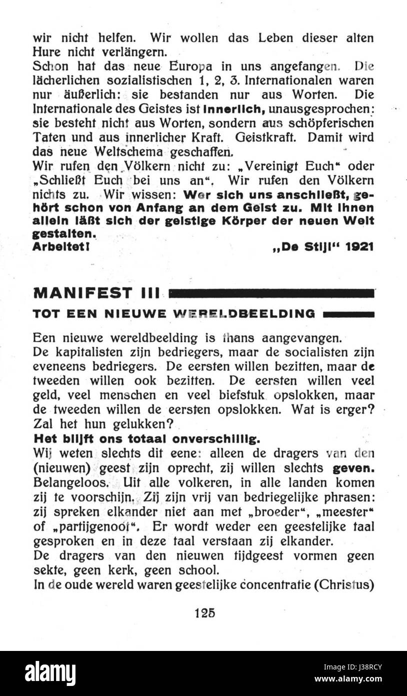 Le manifeste de Stijl, document clé du mouvement artistique du début du XXe siècle, a été écrit par des artistes et architectes comme Piet Mondrian et Theo van Doesburg. Cette version allemande du manifeste décrit les principes fondamentaux de movementâ€™ en matière d'abstraction et de forme géométrique dans les arts visuels et le design. Banque D'Images