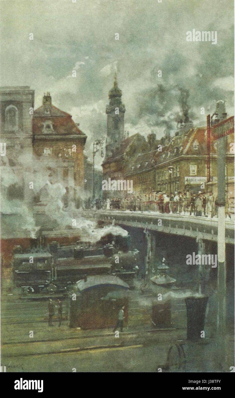 Cette peinture représente le Dampfstadtbahn, un chemin de fer à vapeur du XIXe siècle, et le Hauptzollamt (douane), illustrant l'importance du transport et du commerce à l'ère industrielle. Banque D'Images