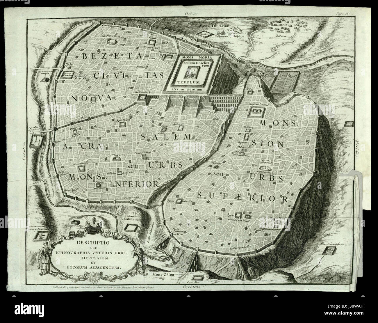Cette illustration représente l'ancienne ville de Jérusalem et ses environs. Il offre une vue historique et géographique de Jérusalem, offrant un aperçu de sa disposition et des régions voisines dans les temps anciens. Banque D'Images