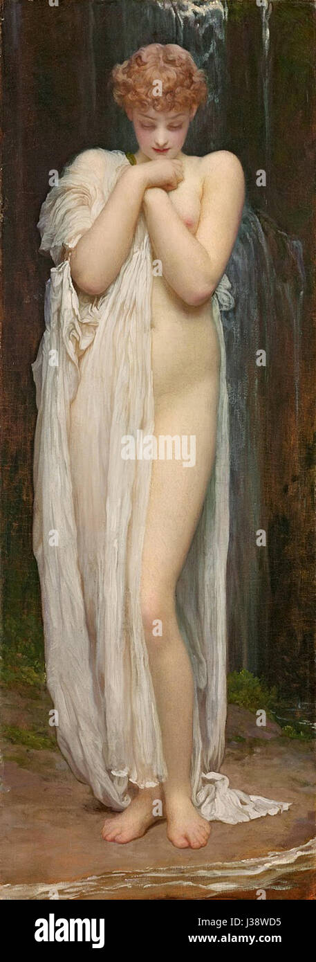 Crenaia, la nymphe de la Dargle, est une peinture de Frédéric Leighton créée en 1880, représentant la figure mythologique de Crenaia, inspirée par la rivière Dargle en Irlande. L'œuvre reflète des thèmes classiques et le romantisme. Banque D'Images