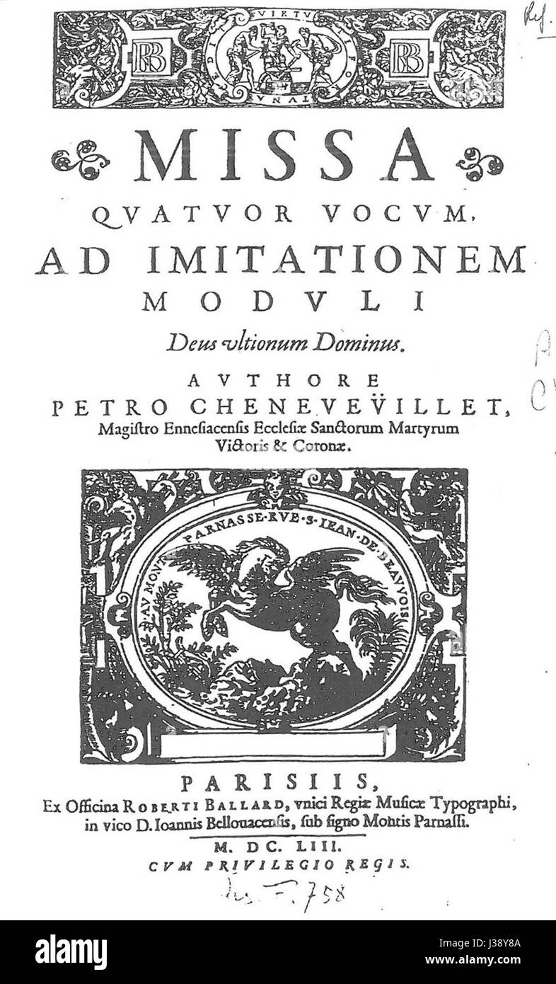 Cheneveuilletâ€™s 'Missa Deus', composée en 1653, est une œuvre chorale sacrée de la période baroque. Il est réputé pour ses harmonies chorales complexes et sa signification religieuse dans la musique liturgique. Banque D'Images
