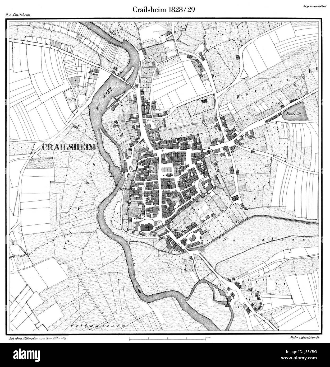 Cette carte de 1828 de Crailsheim, en Allemagne, offre une vue détaillée de l'aménagement de la ville au XIXe siècle, reflétant son développement et sa géographie historique. Banque D'Images