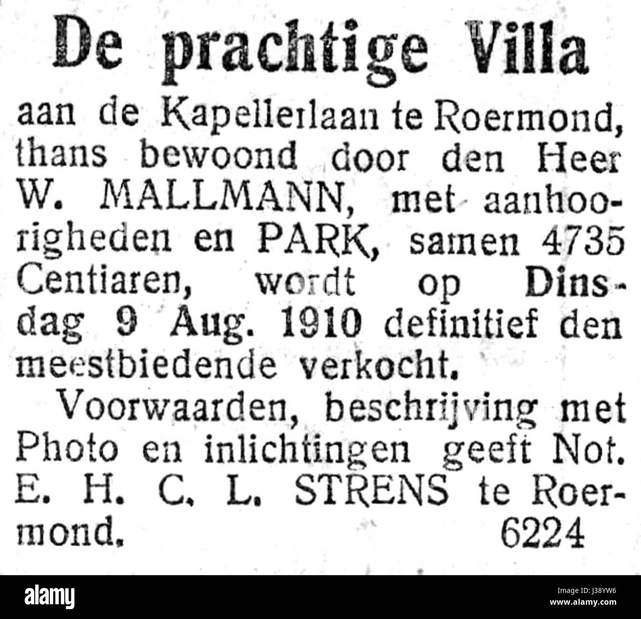 Une publicité du journal néerlandais 'de Tijd' pour une belle villa, mettant en valeur les caractéristiques de propertyâ€™s et attirant les acheteurs potentiels. Banque D'Images