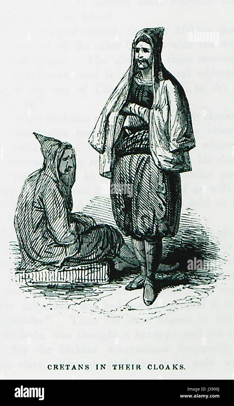 Cette image ou description fait probablement référence à une représentation de Crétois portant des manteaux traditionnels, basée sur le travail de Robert Pashley, qui était connu pour documenter la vie et la culture grecques au XIXe siècle. Banque D'Images