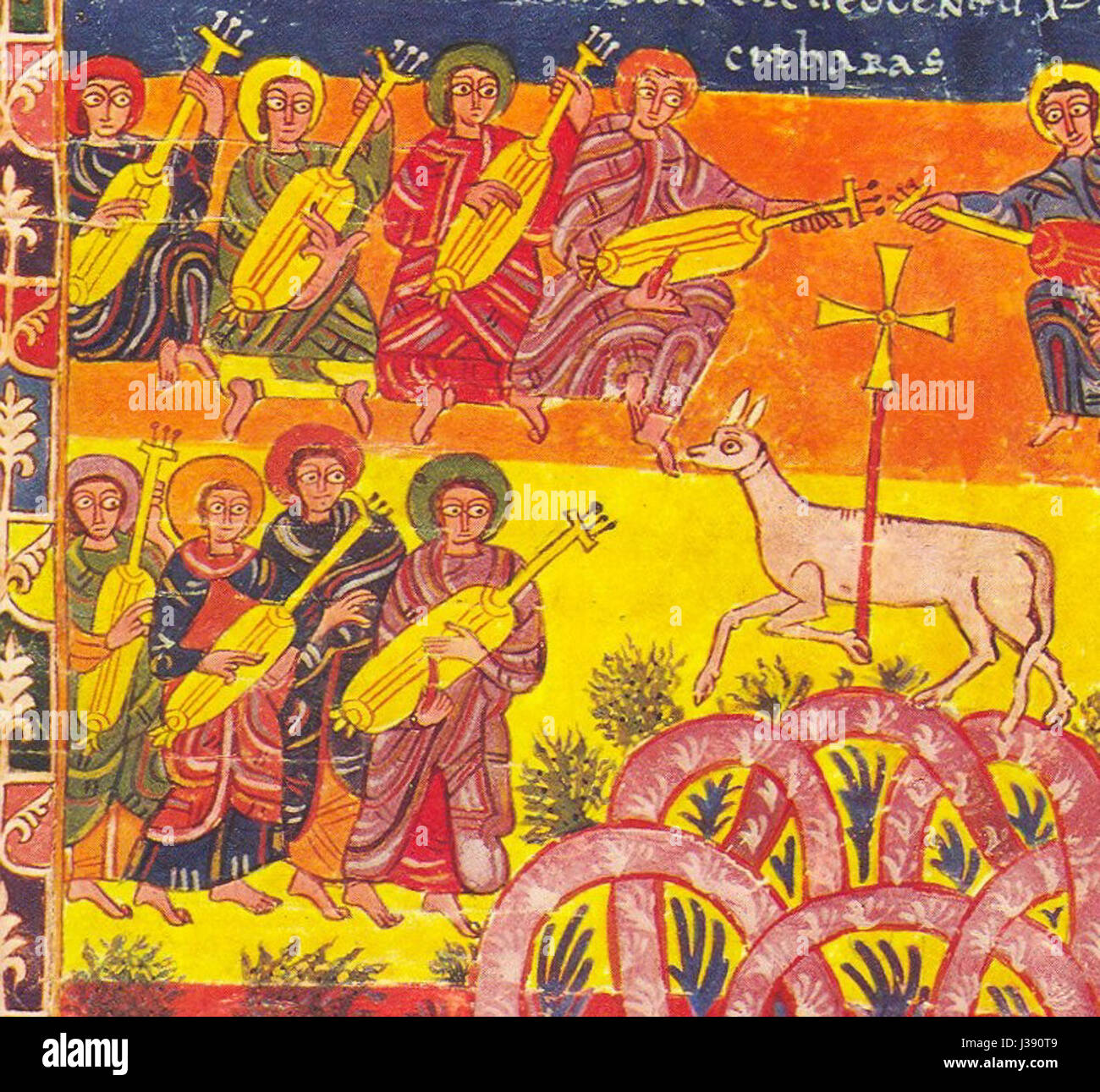 L'image montre Cytharas, un instrument représenté avec l'Agneau de Dieu, un symbole chrétien du salut, représentant un lien visuel entre la musique et la spiritualité. Banque D'Images