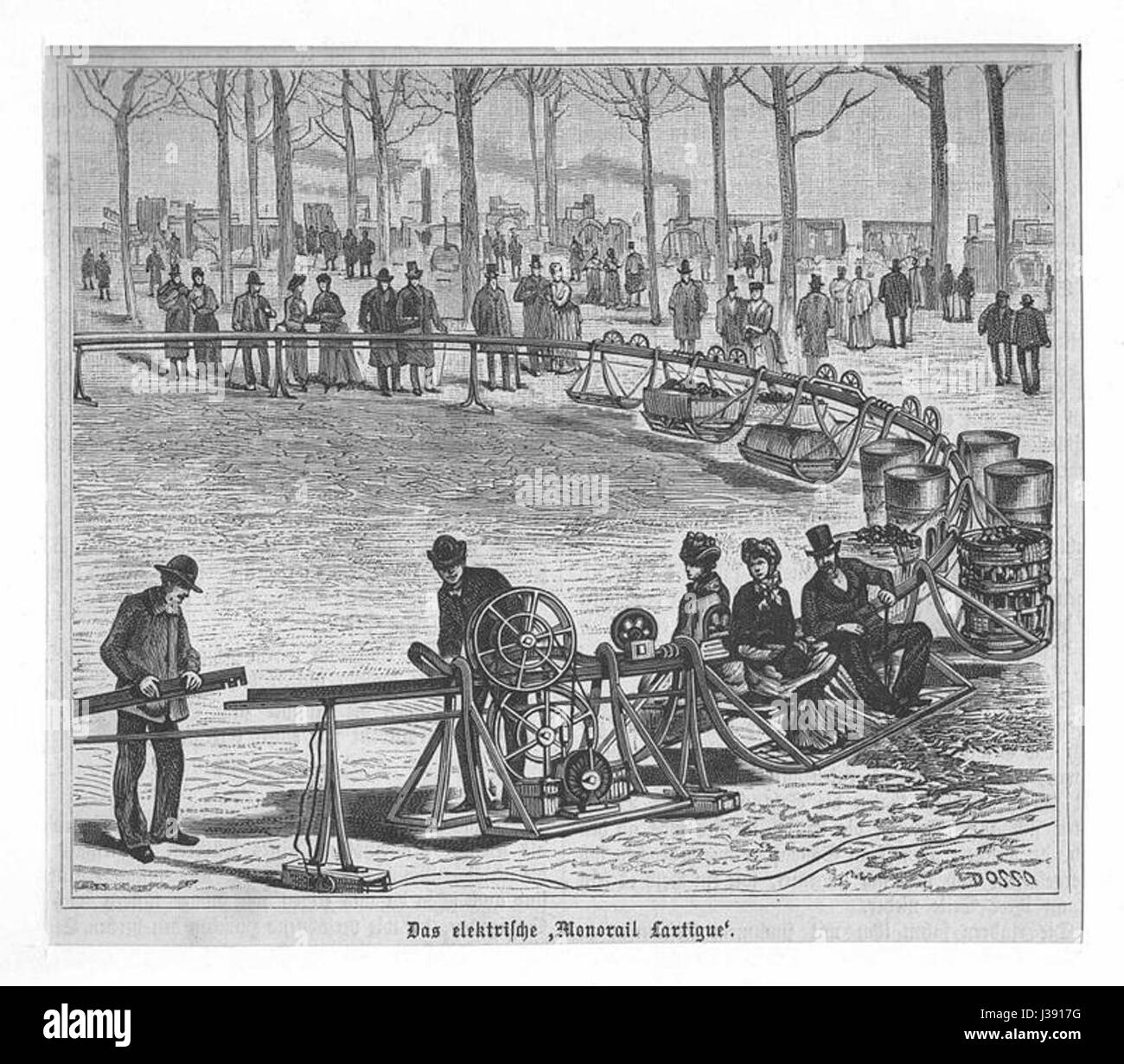 Cette image datant d'environ 1880 représente le monorail de Lartigue, un système de monorail électrique ancien, illustré avec la technique de gravure sur bois. Il reflète la conception novatrice des transports de la période. Banque D'Images Cette image datant d'environ 1880 représente le monorail de Lartigue, un système de monorail électrique ancien, illustré avec la technique de gravure sur bois. Il reflète la conception novatrice des transports de la période. Banque D'Images