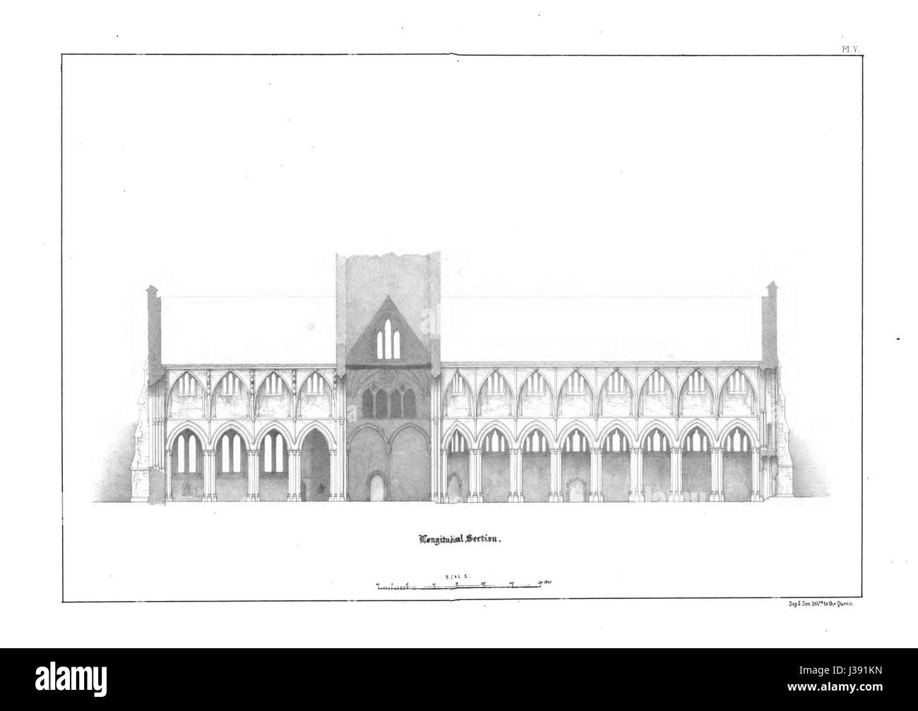 Une coupe transversale d'une église montre son plan architectural, en se concentrant sur des éléments structurels tels que la nef, les allées, l'autel et le toit. Cela donne un aperçu de la conception et de la fonction du bâtiment en tant que lieu de culte. Banque D'Images
