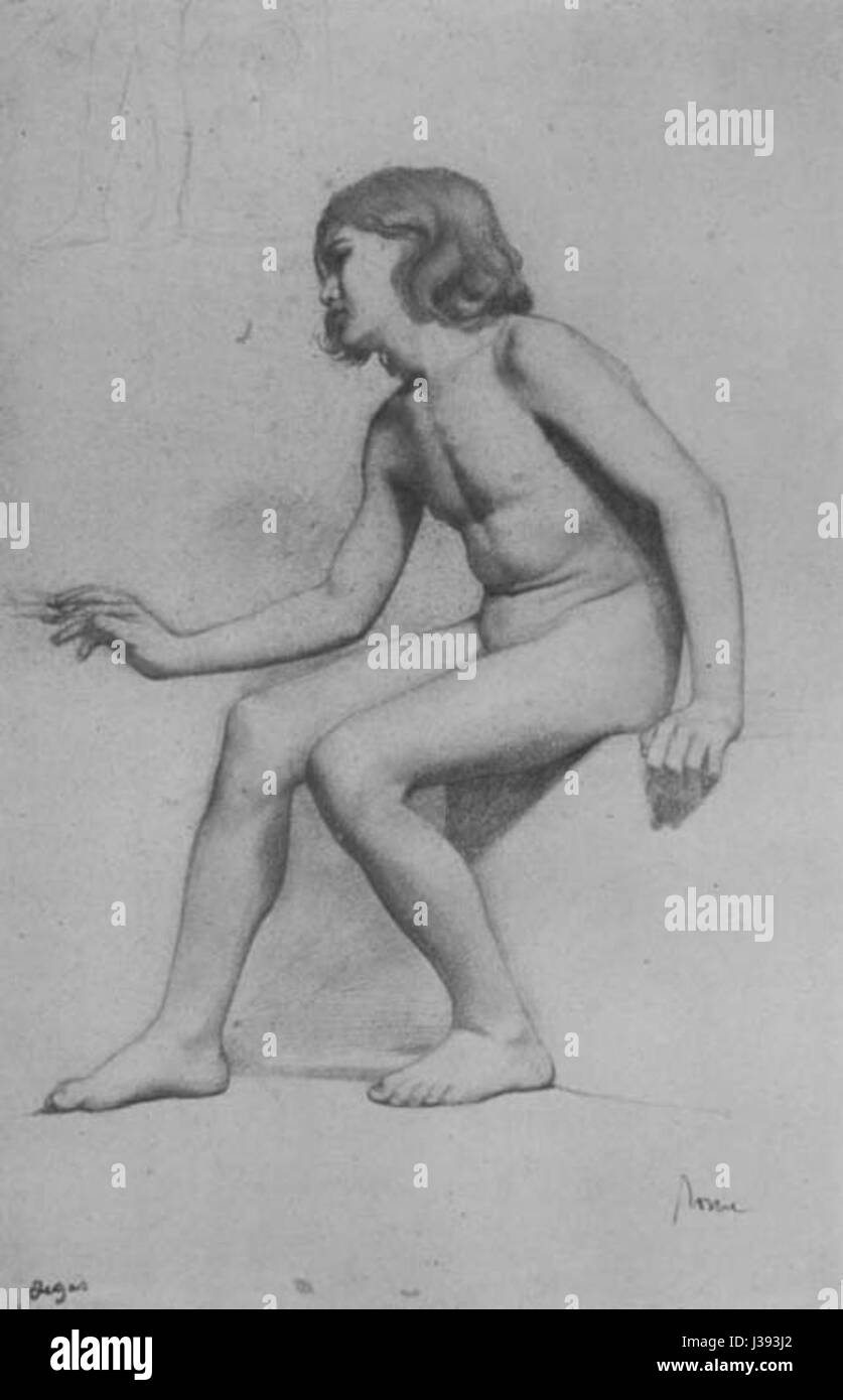 Représentation d'un garçon assis, créée par l'artiste français Edgar Degas, montrant sa maîtrise des figures humaines et son accent sur le mouvement. L'image reflète l'approche caractéristique de Degas pour capturer les moments quotidiens d'une manière élégante et expressive. Banque D'Images
