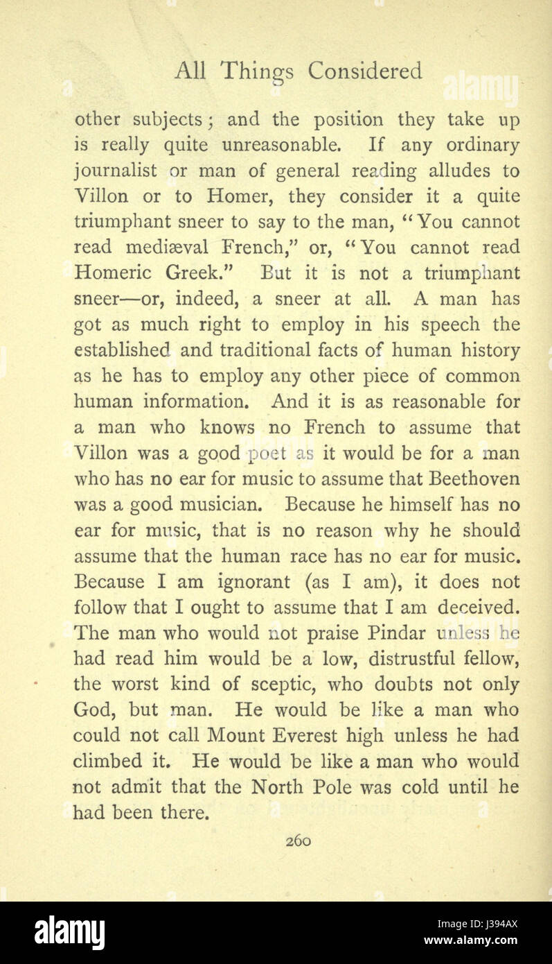 All Things Consided de G.K. Chesterton, qui se trouve à la page 260, est une collection d'essais explorant une variété de sujets, y compris la philosophie, la culture et la réflexion personnelle. Banque D'Images