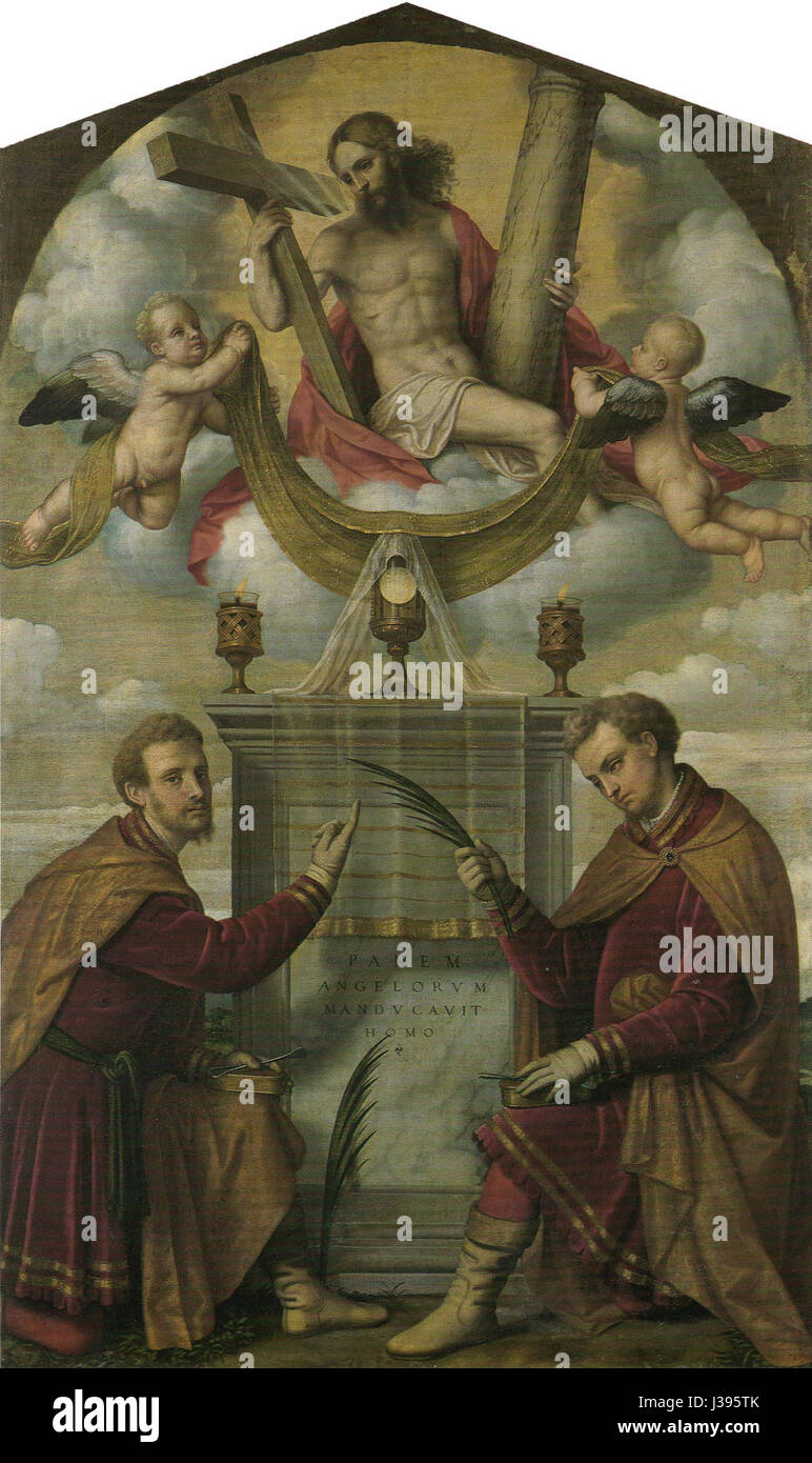 Le tableau 'Cristo eucaristico con i santi Cosma e Damiano' de Moretto représente le Christ avec les saints Cosmas et Damian, mettant en valeur des thèmes religieux de la Renaissance italienne Banque D'Images