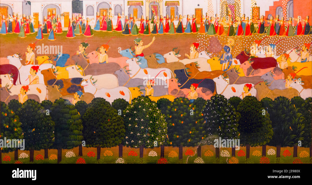 Cette œuvre exposée au Musée national de Delhi en 2013 représente Govardhan Puja, un festival hindou important, avec Lord Krishna et les Gopas. Il reflète les pratiques culturelles et religieuses entourant cette célébration. Banque D'Images Cette œuvre exposée au Musée national de Delhi en 2013 représente Govardhan Puja, un festival hindou important, avec Lord Krishna et les Gopas. Il reflète les pratiques culturelles et religieuses entourant cette célébration. Banque D'Images
