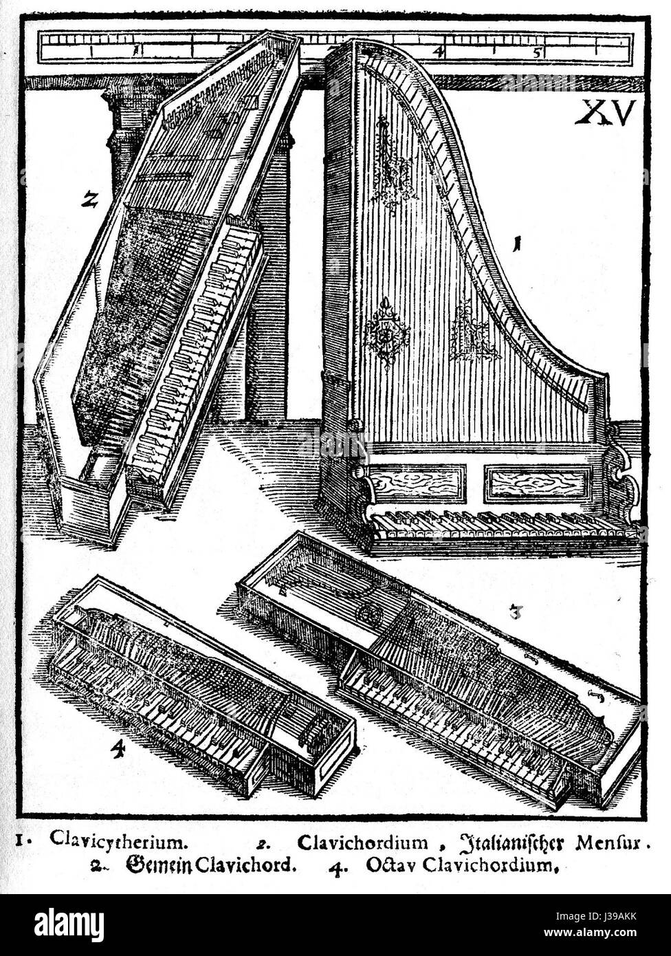 Le Clavicord et le Clavicytherium sont des instruments de musique historiques. Le Clavicord, souvent associé à la musique baroque, est un instrument à clavier à cordes. Praetorius est un musicologue du XVIIe siècle qui a documenté les premiers instruments à clavier. Banque D'Images