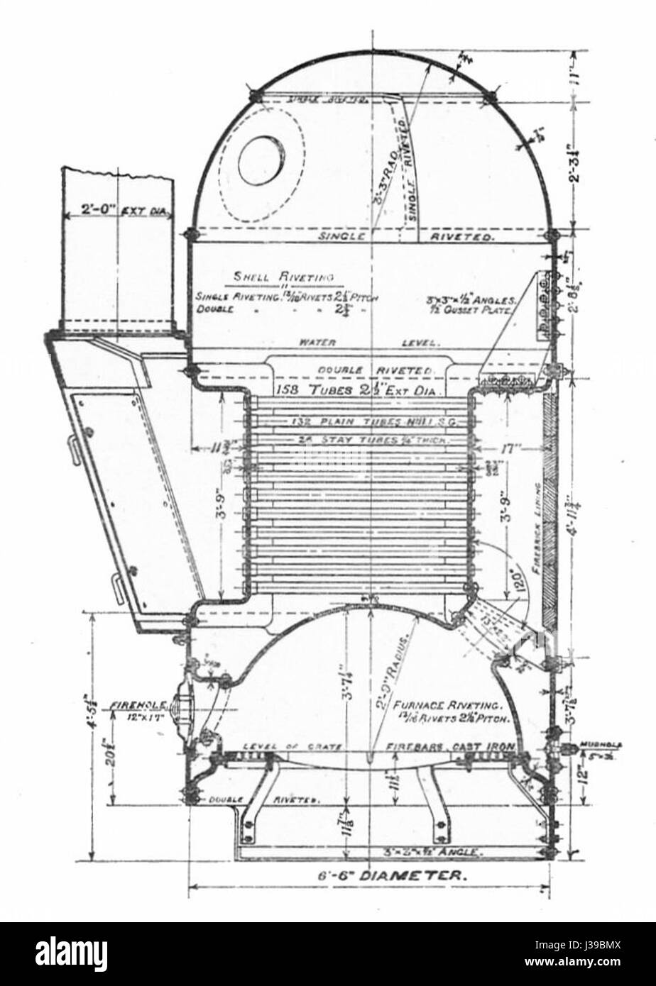 La chaudière Cochran, présentée dans les « Sketches of Engine and machine Details » de Bentley, est une conception utilisée pour la production de vapeur dans les applications industrielles. La vue en coupe met en évidence ses composants clés, tels que le foyer, les tubes et le ballon de vapeur, mettant en évidence sa structure et ses fonctionnalités dans le contexte des premières technologies de moteur à vapeur. Banque D'Images
