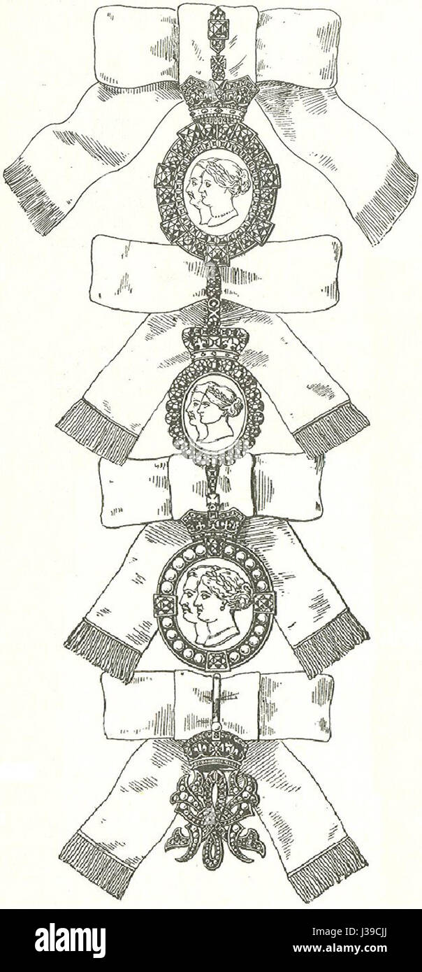 Les quatre degrés de l'ordre royal de Victoria et Albert, un honneur décerné par la monarchie britannique, reconnaissant des contributions significatives aux arts et aux sciences. Banque D'Images