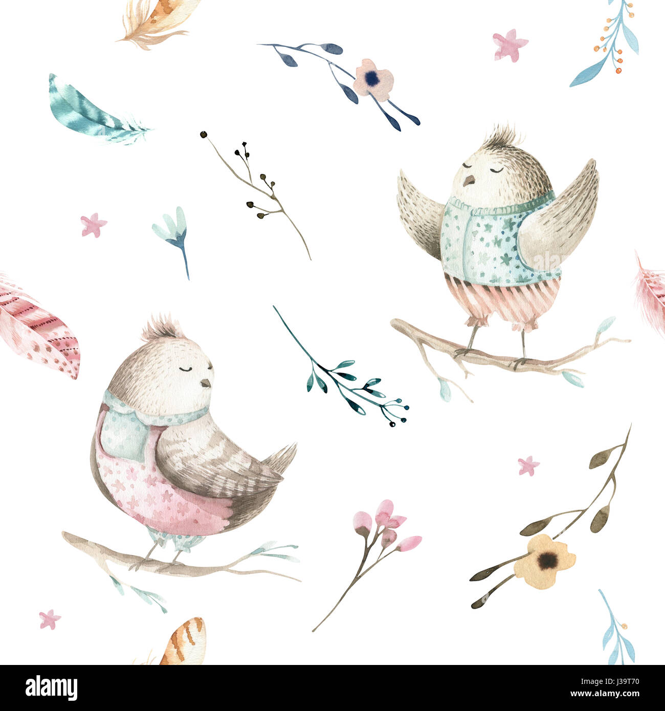 Cute baby bird animal pattern, illustration parfaite de la forêt pour les enfants des vêtements. Aquarelle forestiers boho dessiné à la main libre pour les cas de poulet, de conception de l'affiche de la pépinière Banque D'Images