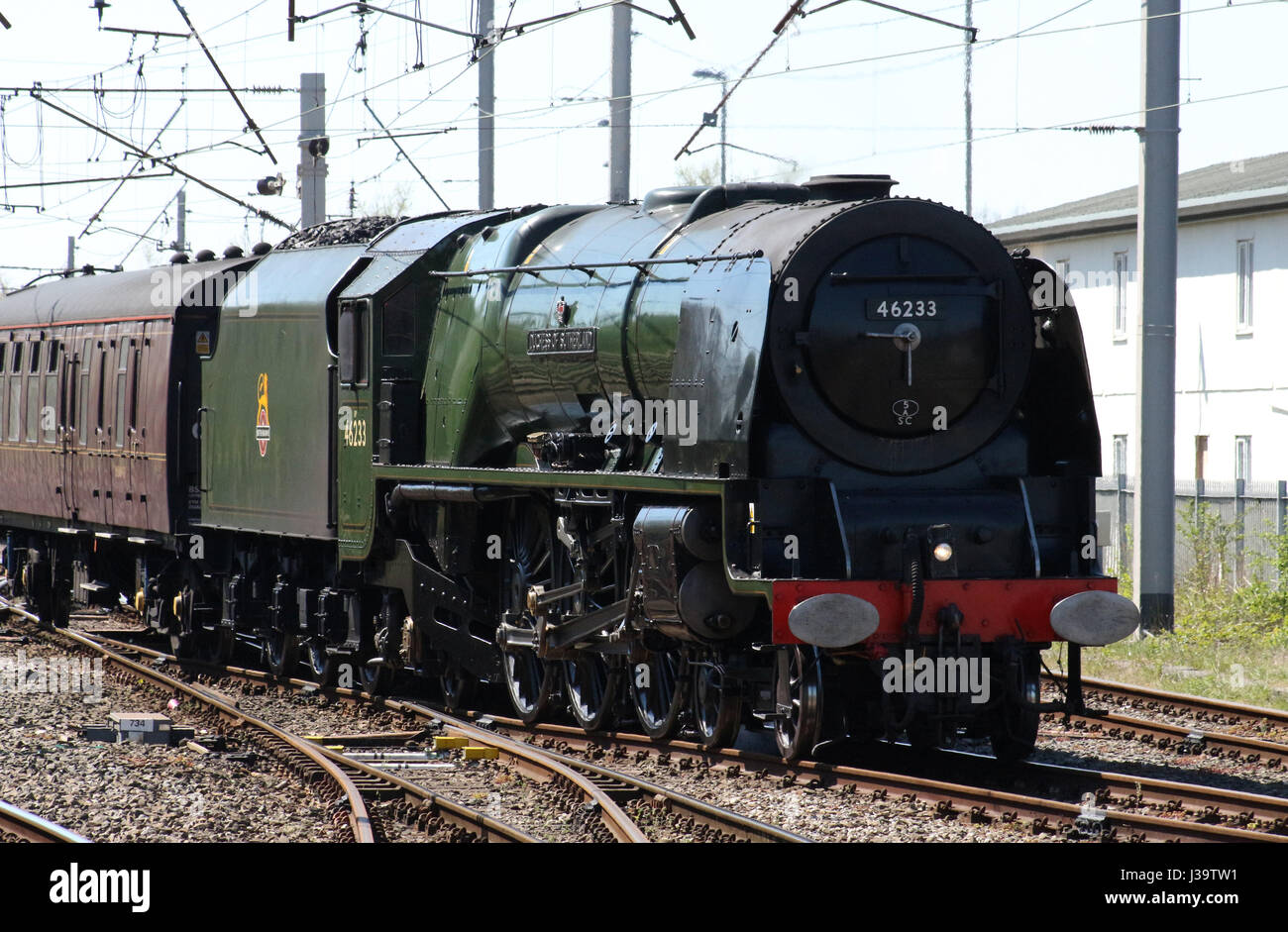46233 la duchesse de Sutherland locomotive vapeur arrivant à Carnforth sur le mouvement de Crewe Hertitage Centre à Wapping haut d'évitement, Carlisle Mai 2017 Banque D'Images