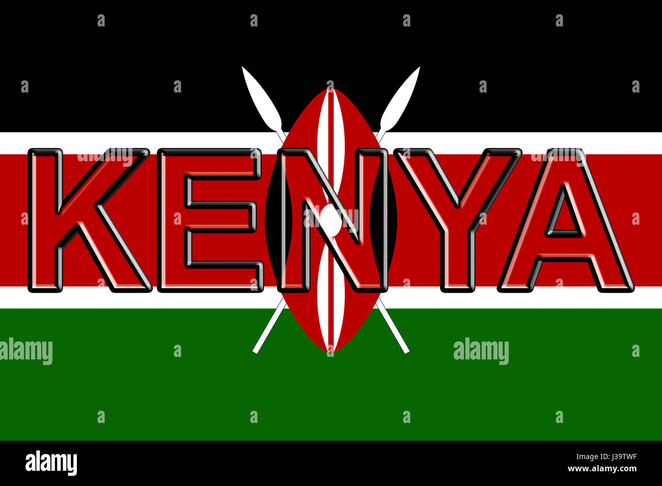 Illustration du drapeau national du Kenya avec le pays écrit sur le drapeau. Banque D'Images