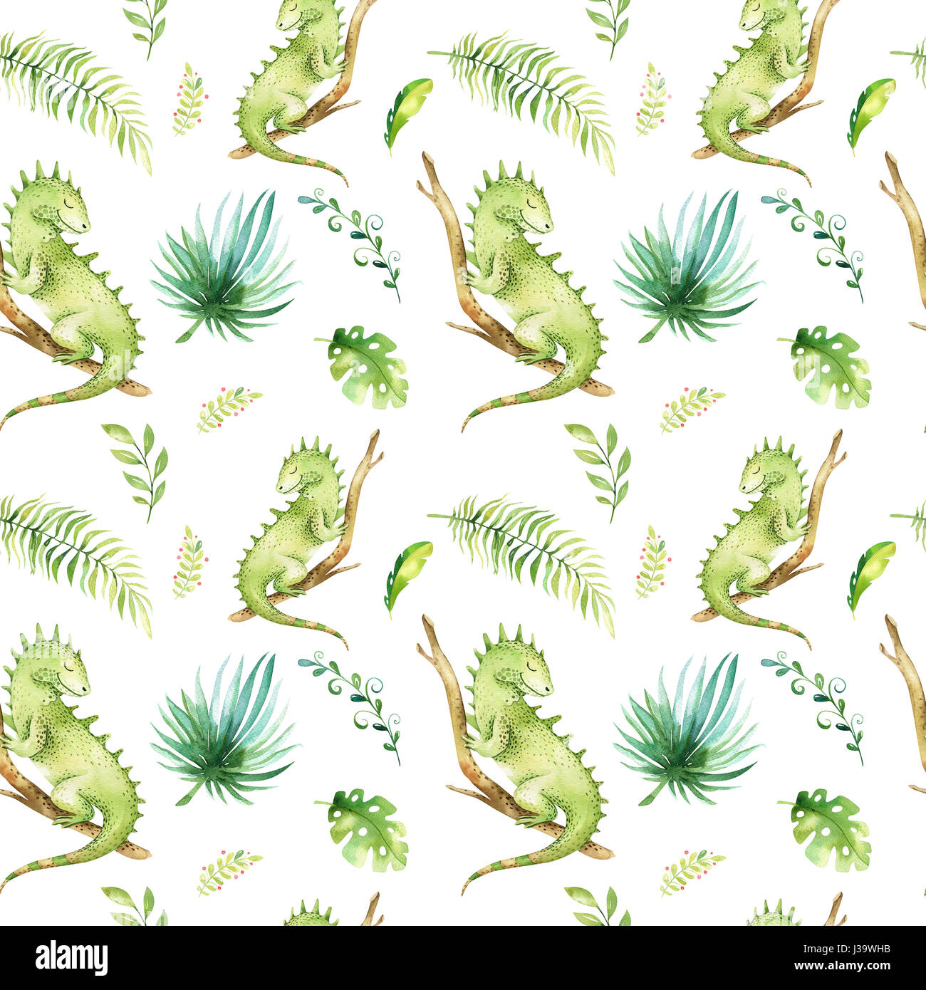 Bébés animaux isolés en pépinière. transparente Boho aquarelle dessin, tissu tropical tropical enfant mignon dessin iguane et palmier, texture vert tropique Banque D'Images