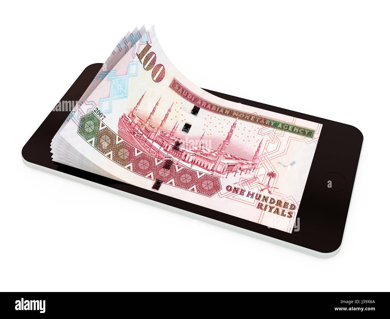 Paiement Mobile, transfert d'argent avec smart phone, riyal saoudien. Rendu 3d illustration. Banque D'Images
