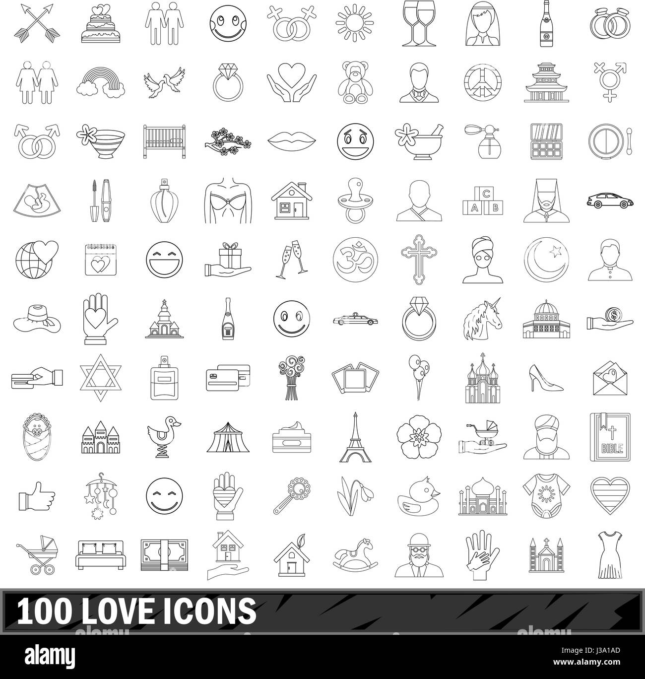100 love icons set style du contour, Illustration de Vecteur