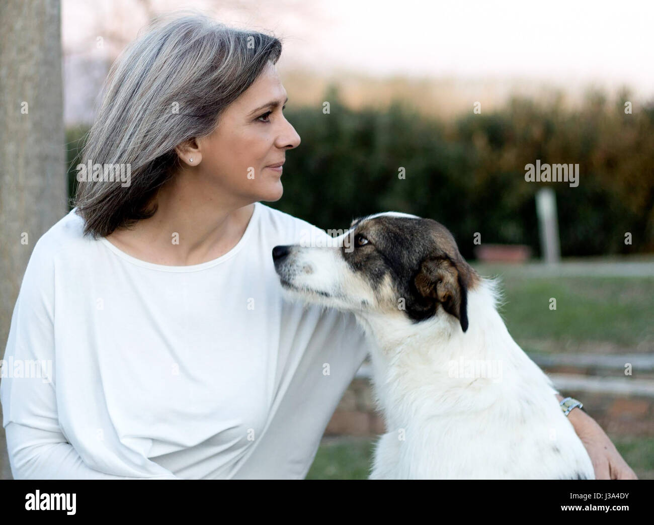 Hauts femme de 60 ans ayant un moment de détente à l'extérieur de la maison avec sa femme chien adulte. Banque D'Images