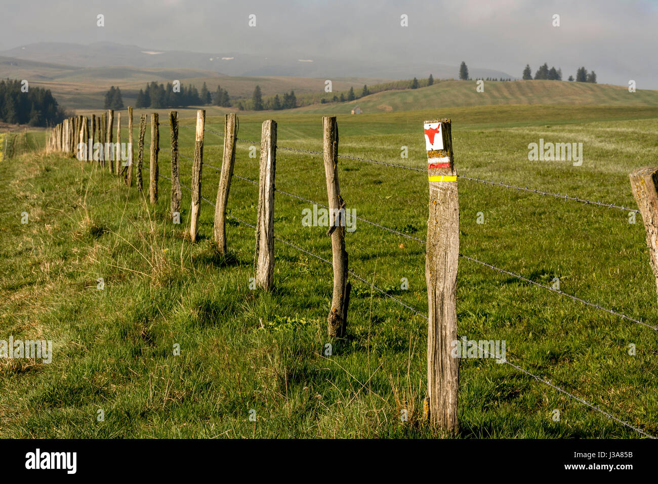 Sentier signe. L'inscription pour les marcheurs. Cezallier. Puy de Dôme. France Banque D'Images