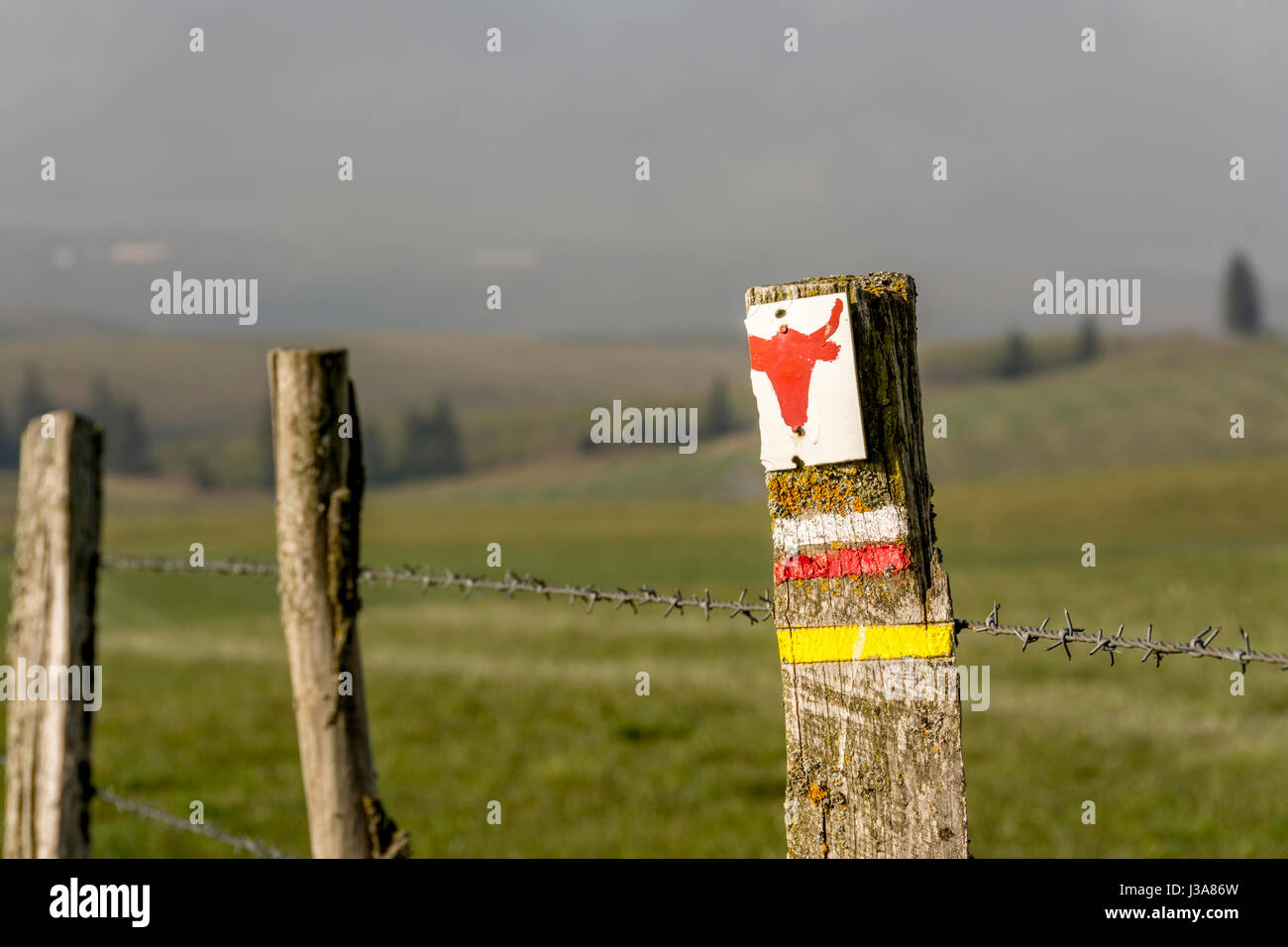 Sentier signe. L'inscription pour les marcheurs. Cezallier. Puy de Dôme. France Banque D'Images