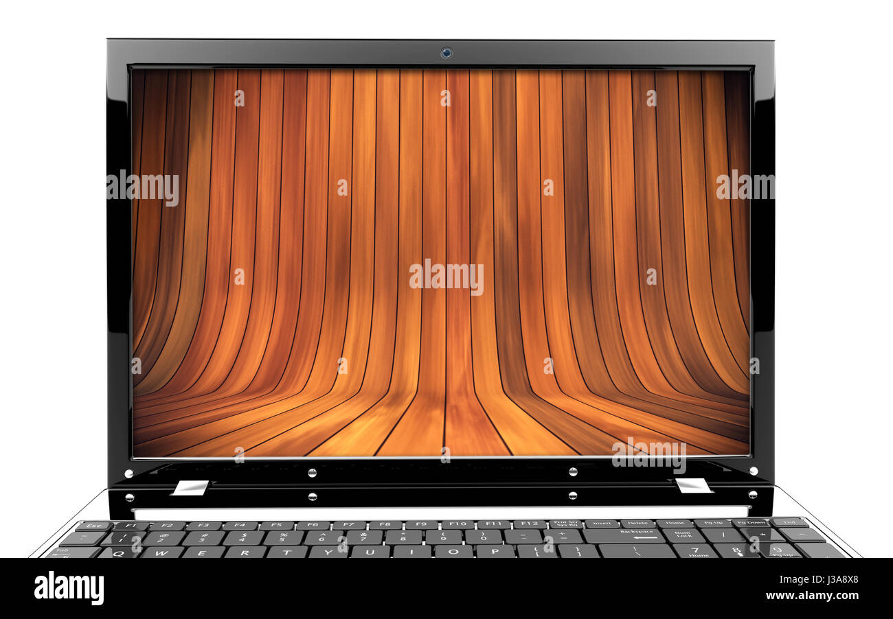 Se concentrer sur l'écran d'un ordinateur portable avec le stade en bois Banque D'Images
