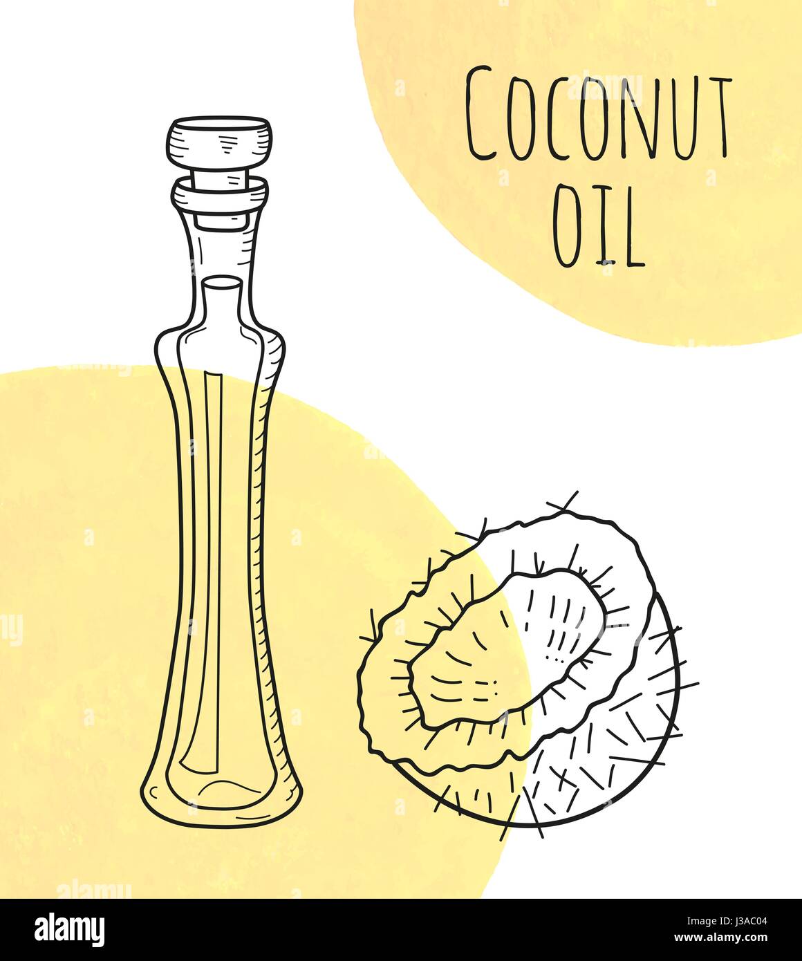 Bouteille d'huile de coco à la main avec des taches d'aquarelle crème Illustration de Vecteur