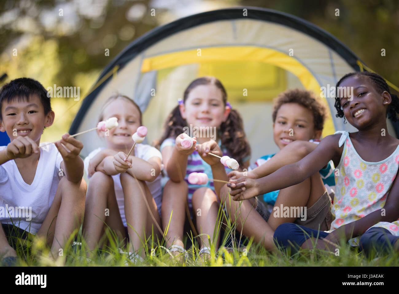 Portrait of happy friends montrant des bonbons tout en restant assis devant tente de camping Banque D'Images