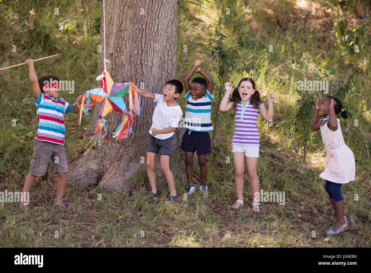 Groupe d'amis pour acclamer les yeux bandés frapper garçon pinata hanging on tree in forest Banque D'Images