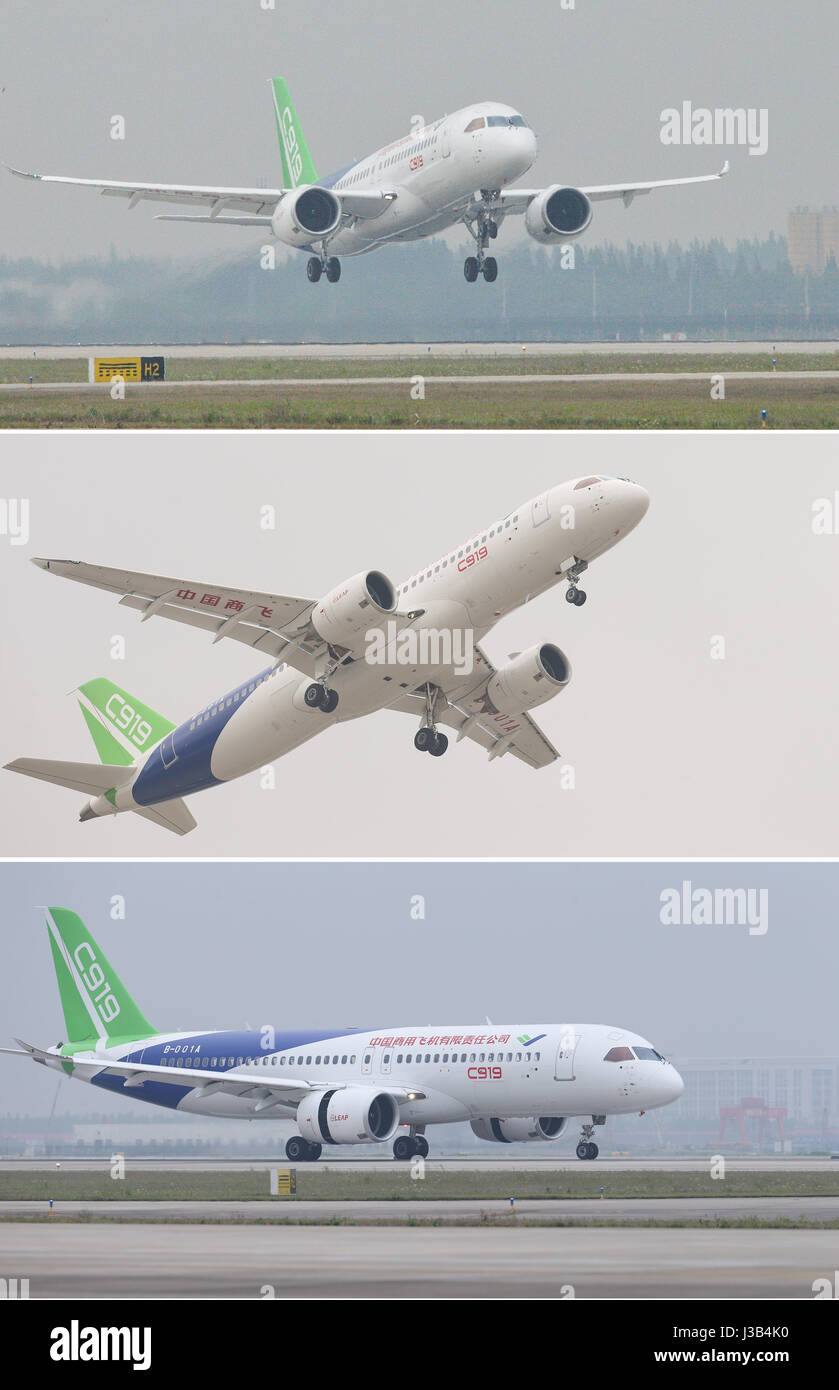 Shanghai. 5 mai, 2017. Combinaison photo prise le 5 mai 2017, montre le décollage (supérieur), le décollage (milieu) et l'atterrissage (en bas) la phase de la grande maison avion du passager C919 lors de son premier vol à Shanghai, à l'est de la Chine. China's homegrown grand avion de passagers, le C919, ont vu le jour le vendredi dans l'est de la ville de Shanghai, marquant une nette amélioration de la capacité d'innovation et de haute technologie dans l'aéronautique et de l'industrie. Credit : Ding Ting/Xinhua/Alamy Live News Banque D'Images