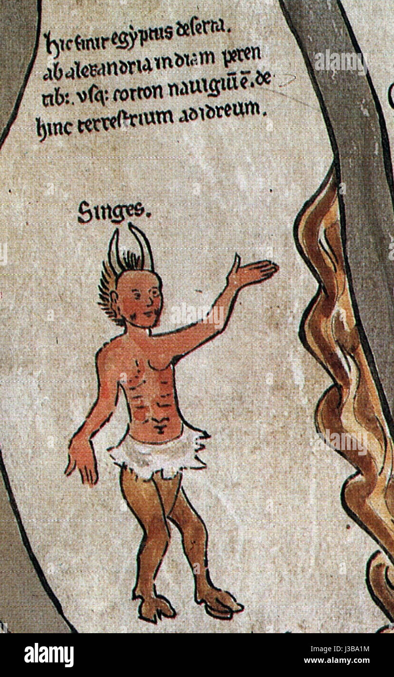 La carte du monde d'Ebstorf est une cartoa mundi médiévale, célèbre pour sa représentation du monde vu au XIIIe siècle. Le détail (sud) fait référence à une section de cette carte représentant les régions méridionales du monde. Banque D'Images