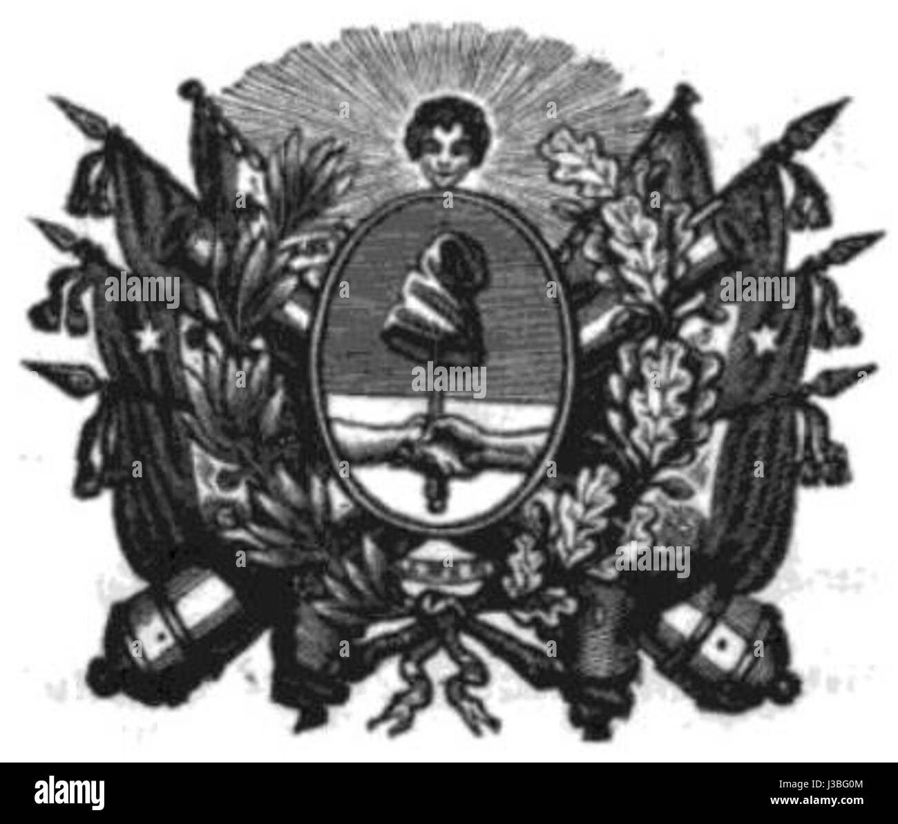 Le 'Escudo Argentino de 1835' est le blason officiel de l'Argentine, adopté pour la première fois en 1813 et redessiné en 1835. Il présente une image du soleil se levant sur une chaîne de montagnes, avec des symboles représentant l'unité, l'indépendance et la liberté. Banque D'Images