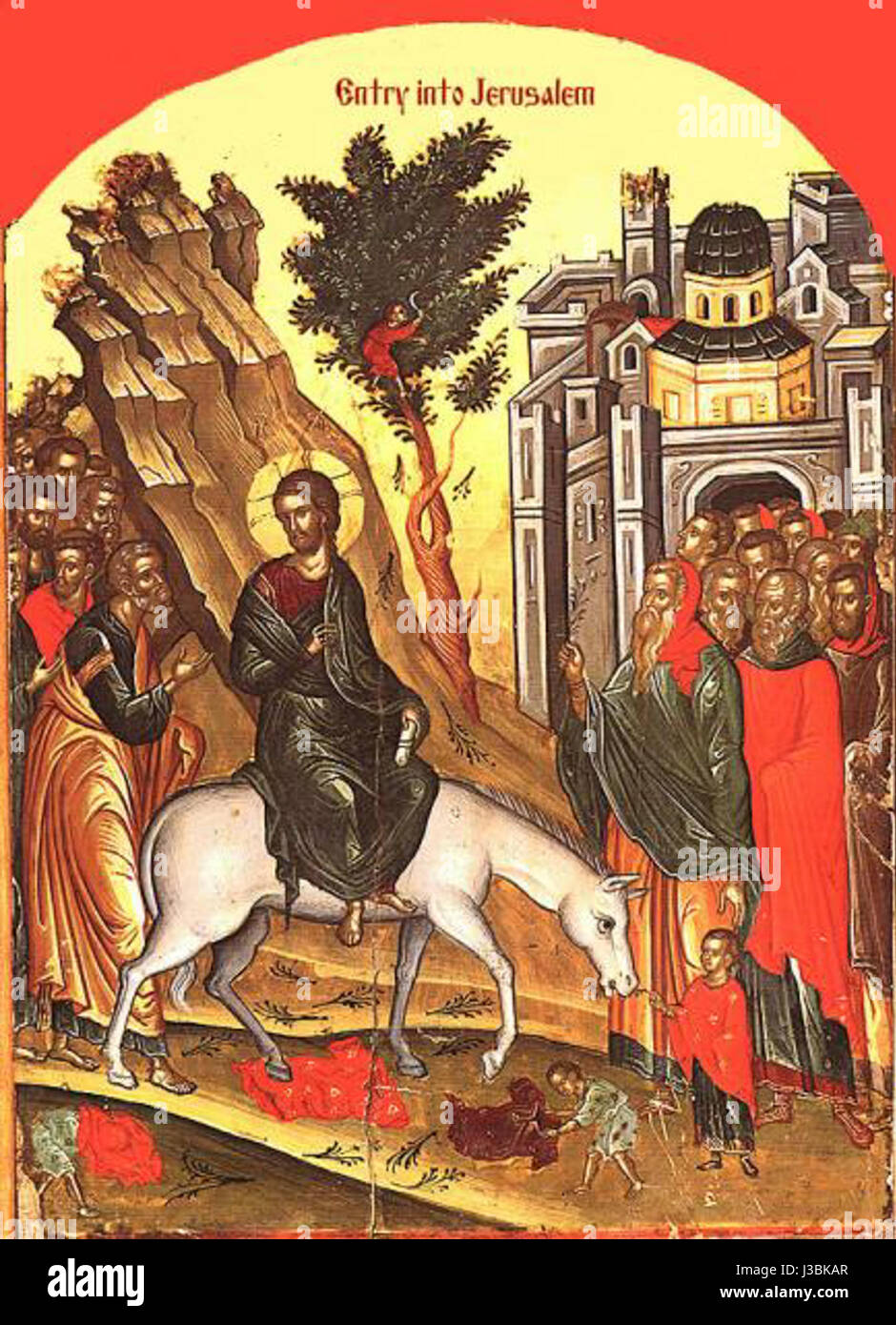 Cette œuvre d'art historique représente le moment de l'entrée de Jésus-Christ à Jérusalem, célébrée le dimanche des Rameaux. La scène représente souvent l'accomplissement de la prophétie, où Jésus est accueilli par des foules agitant des branches de palmier alors qu'il monte sur un âne, symbolisant la paix et l'humilité. Banque D'Images