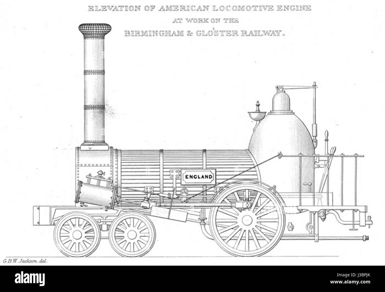 Il s'agit d'une locomotive anglaise, probablement un train à vapeur ancien ou historique, développé en Angleterre pour le transport ferroviaire. Les locomotives ont été essentielles dans la révolution industrielle et l'expansion ferroviaire. Banque D'Images