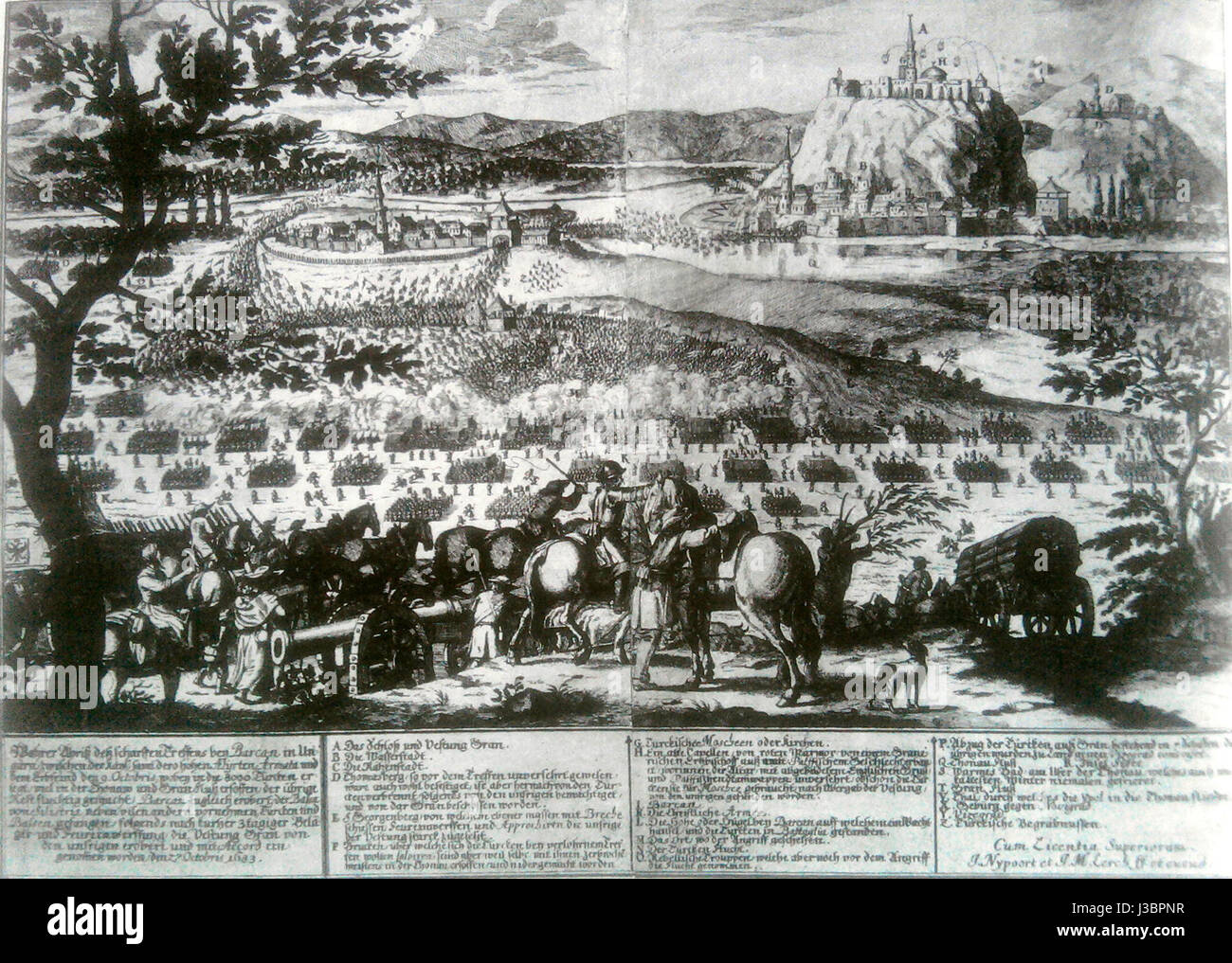 Cette représentation historique d'Esztergom, en Hongrie, en 1683 met en valeur la ville à la fin du XVIIe siècle. Esztergom, historiquement important en tant que centre religieux et culturel, a joué un rôle clé pendant les conflits ottoman-Habsbourg. Banque D'Images