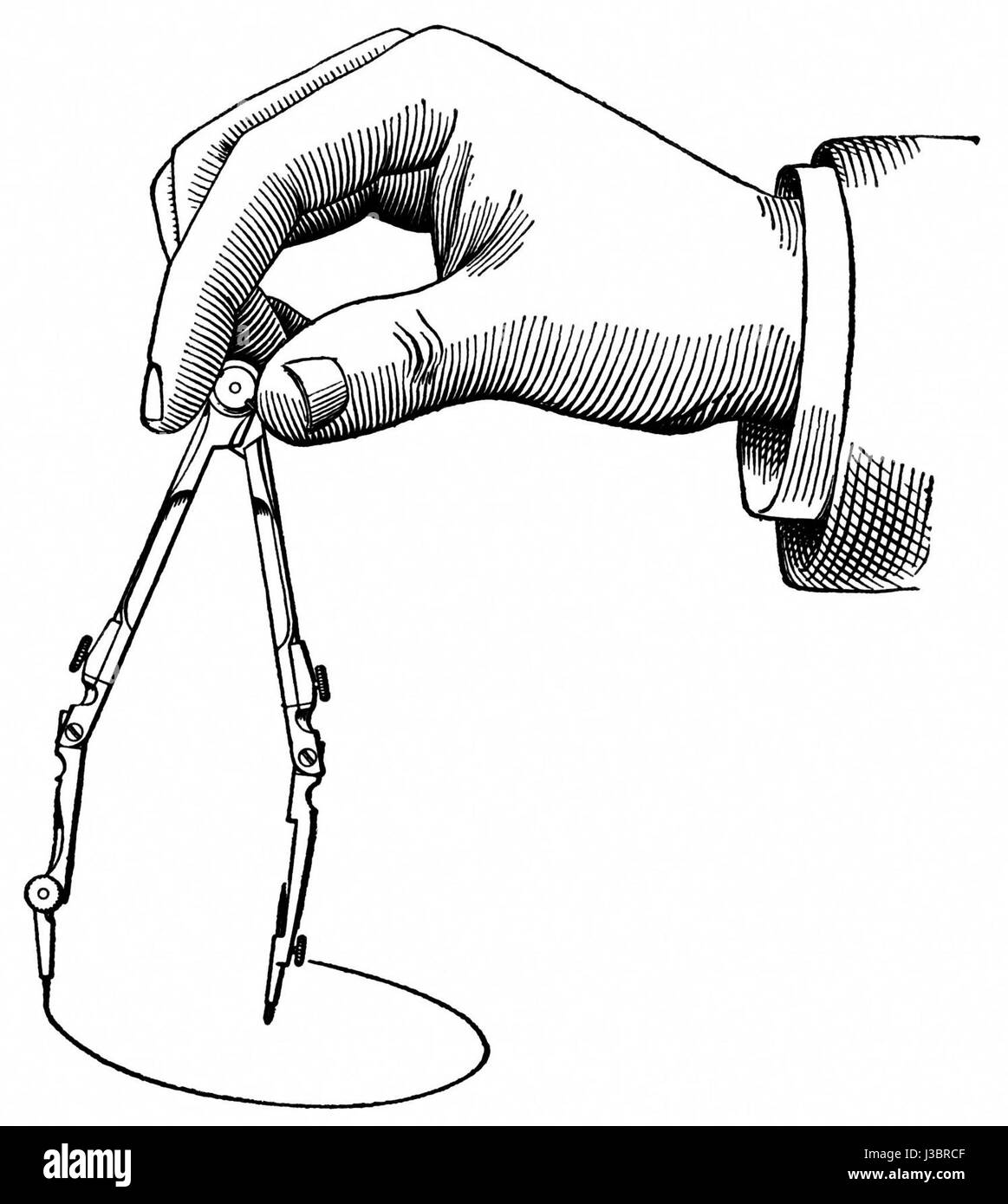 Cette image montre l'acte de dessiner un cercle avec des compas, une technique essentielle en géométrie et en design. Il est utilisé pour créer des formes circulaires précises, couramment trouvées dans le dessin, l'architecture et les diagrammes mathématiques. Banque D'Images