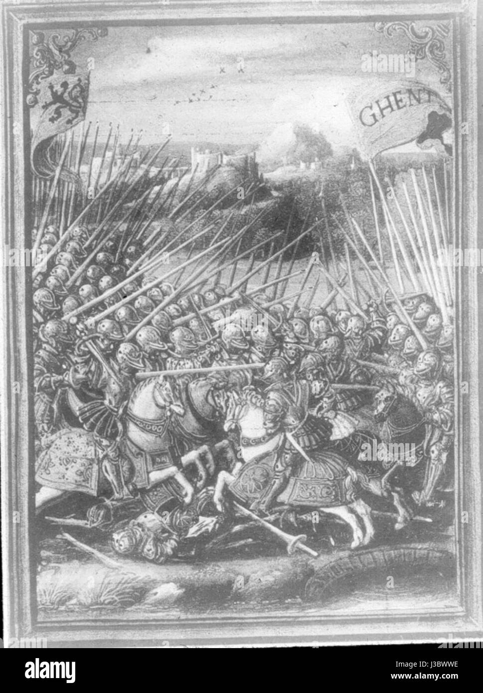 DIA 1620 fait référence aux événements historiques entourant la romance de Jacque de Lalaing, un chevalier impliqué dans la bataille de Gand. L'événement est important dans l'histoire médiévale européenne et reflète les idéaux chevaleresques de l'époque. Banque D'Images