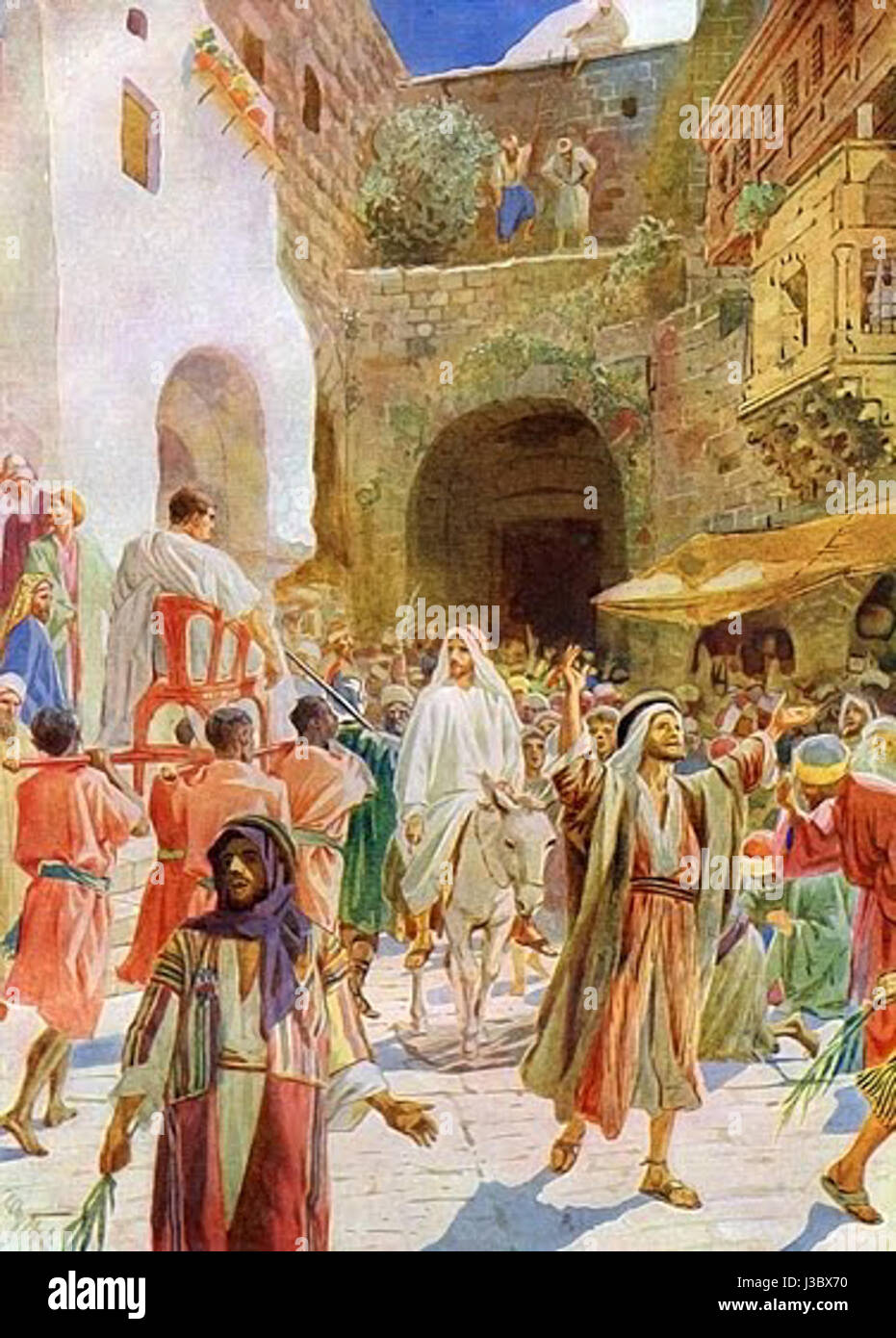 « Entrée dans Jérusalem » de William Brassey Hole est une peinture historique représentant la scène biblique de l'entrée triomphale de Jésus-Christ dans la ville de Jérusalem, un moment clé de la tradition chrétienne. Banque D'Images