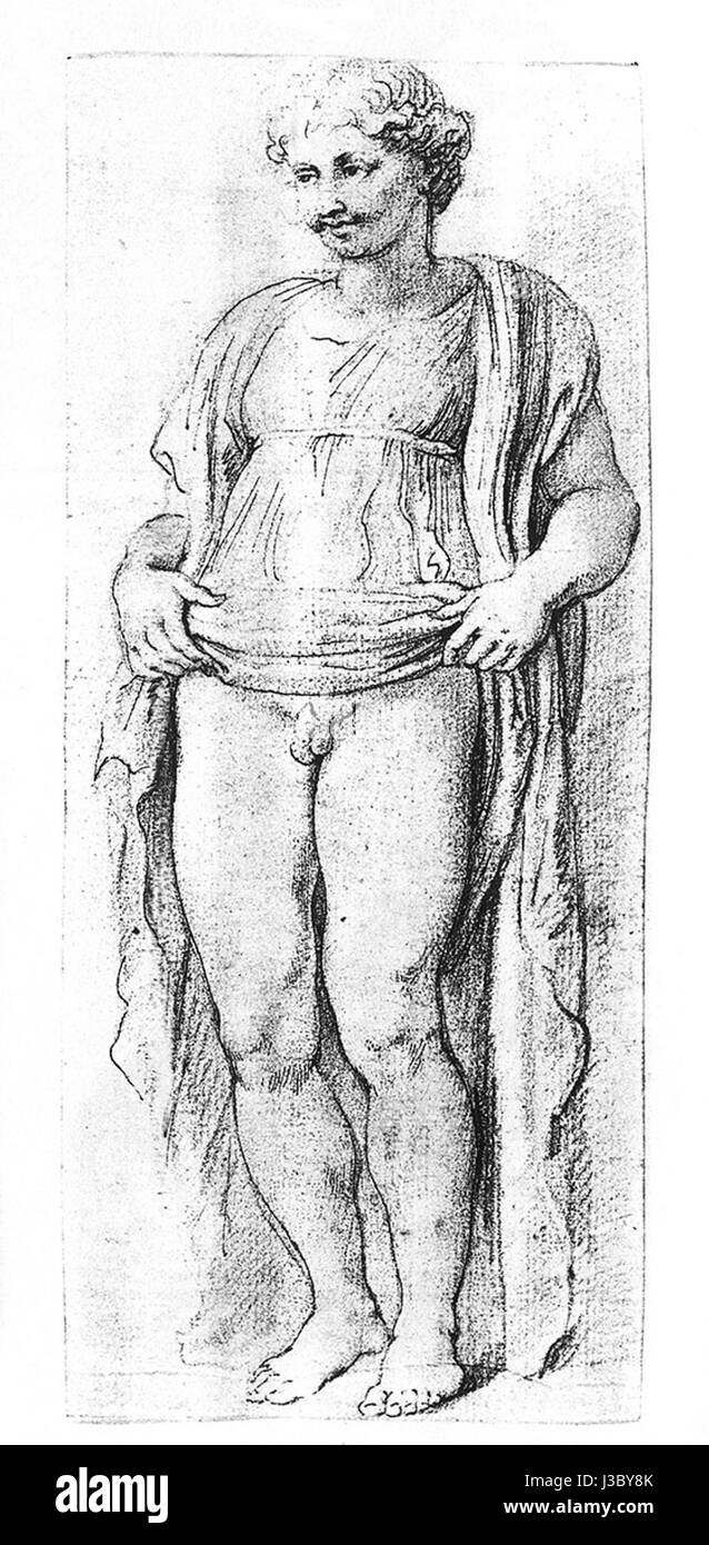 Cette œuvre, 'Ermafrodito', est une reproduction de la sculpture antique originale, publiée dans 'Rubens copies After the Antique' de Marjon van der Meulen. La pièce représente la représentation classique d'Hermaphrodite, une figure mythologique mêlant des attributs masculins et féminins. Banque D'Images