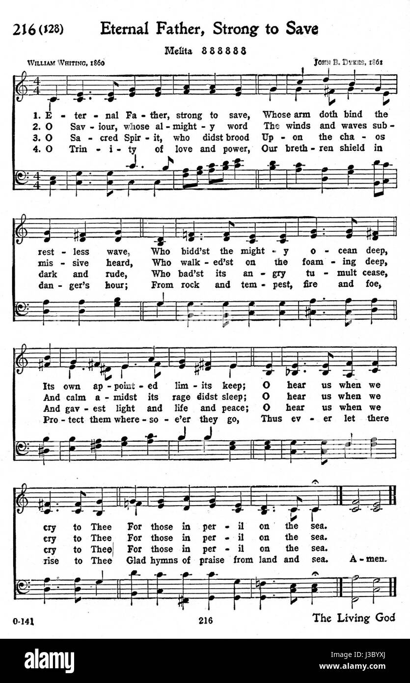 Un hymne souvent associé à la sécurité et aux conseils fournis par Dieu, en particulier en temps de péril ou de danger. Il est traditionnellement chanté par les marins et d'autres dans des contextes maritimes, demandant une protection divine sur les voyages. L'hymne a été composé par William Whiting en 1860 et est resté une prière durable pour la sécurité maritime. Banque D'Images