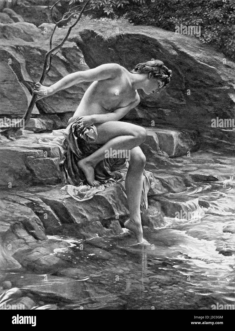 'Le lieu de baignade de la nymphe' d'Edward Poynter est une peinture du XIXe siècle représentant une scène sereine d'une nymphe classique se baignant dans un cadre naturel. Il capture le thème mythologique de la beauté et de la tranquillité dans la mythologie grecque. Banque D'Images