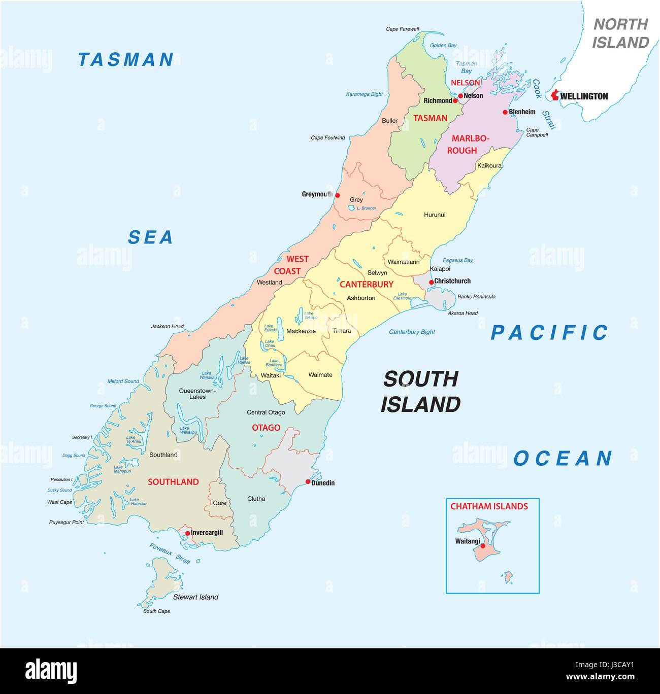 L'île du sud de Nouvelle-zélande carte politique et administrative Illustration de Vecteur