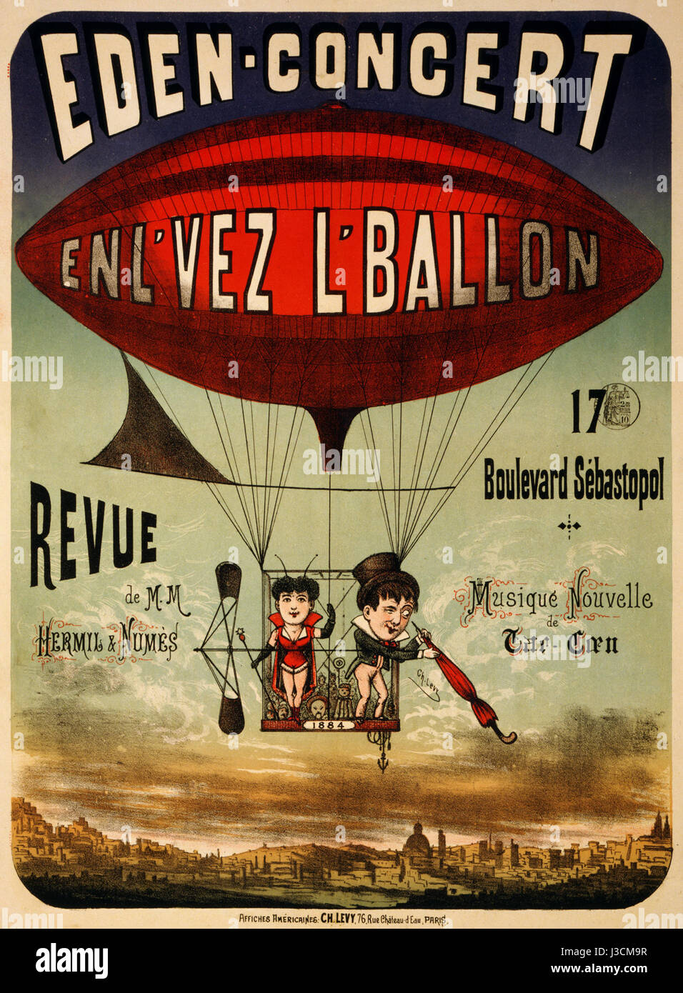 L'affiche pour le 'concert d'Eden' de 1884 annonce probablement une performance qui impliquait une combinaison de musique, de danse ou de théâtre. 'ENL'vez l'ballon' fait référence au thème ou au titre de la pièce, reflétant le style de performance théâtrale de l'époque. Banque D'Images