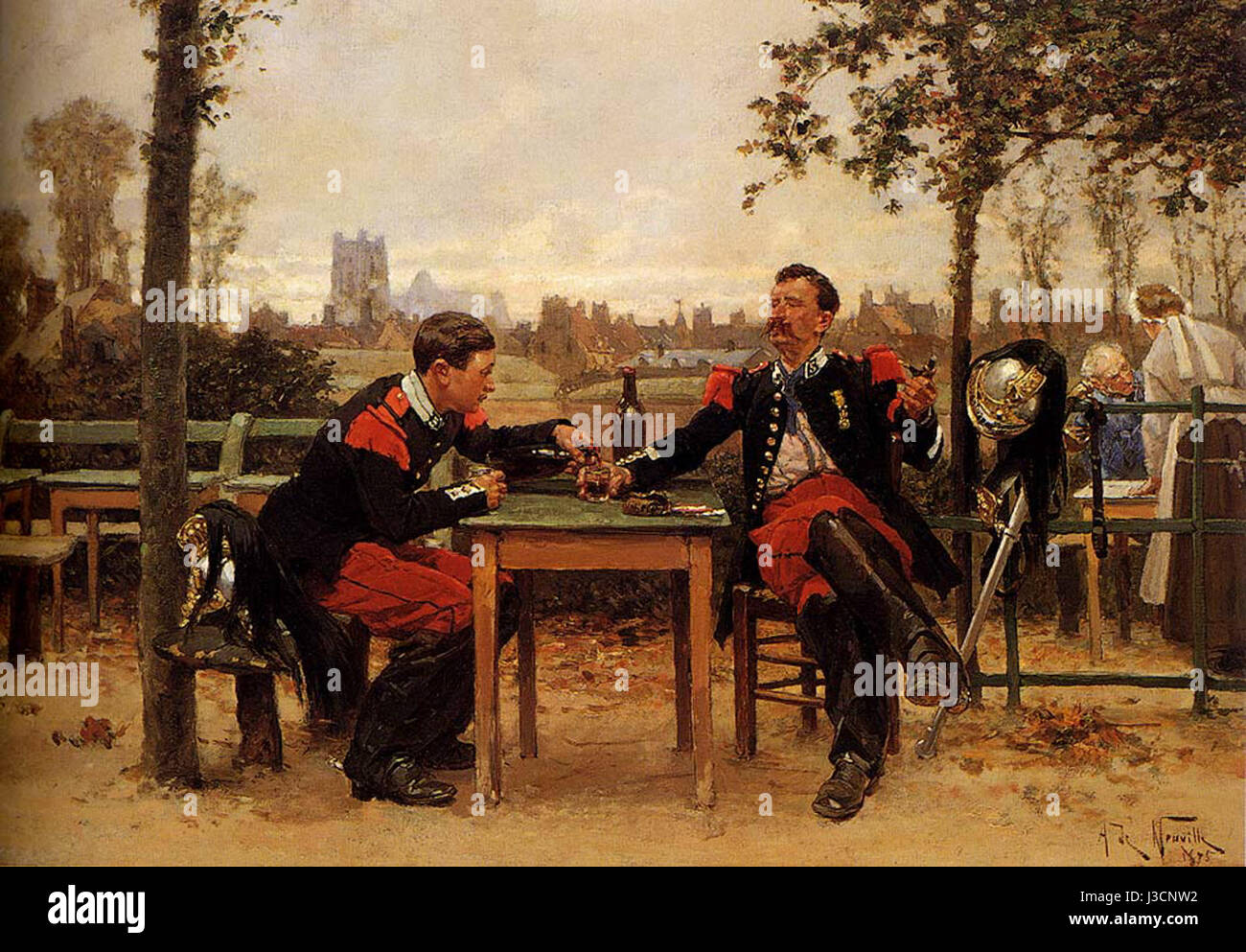 Alphonse de Neuville était un peintre français connu pour ses scènes militaires et historiques, y compris des œuvres mettant en vedette des dragons. Son style détaillé et dramatique reflète les mouvements artistiques français du XIXe siècle. Banque D'Images